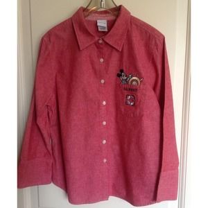 VTG Red 100% Cotton Button Down S. S. Mickey Disney SZ XL